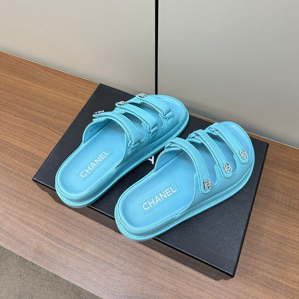 dad sandals cloud blue triple strap lambskin mules