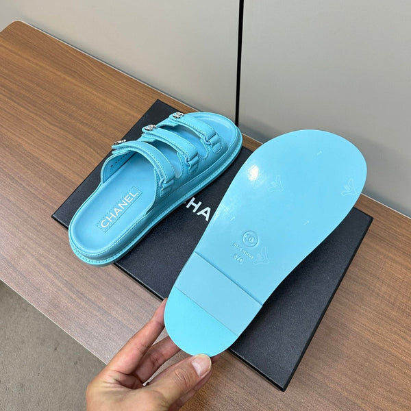 dad sandals cloud blue triple strap lambskin mules