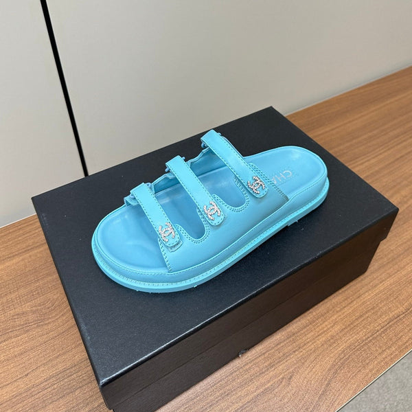 dad sandals cloud blue triple strap lambskin mules