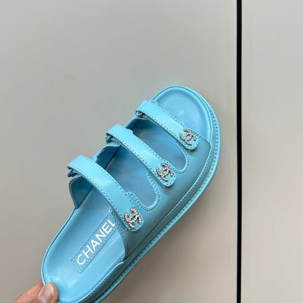 dad sandals cloud blue triple strap lambskin mules