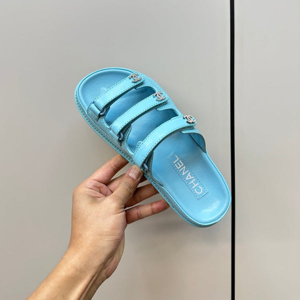 dad sandals cloud blue triple strap lambskin mules