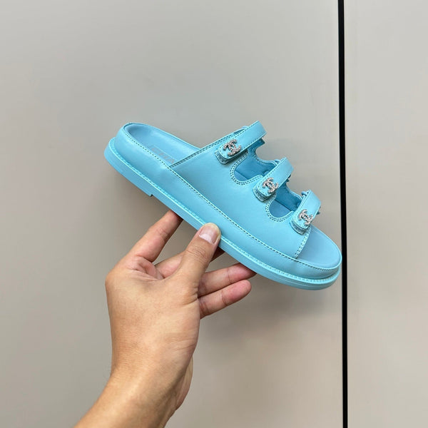 dad sandals cloud blue triple strap lambskin mules