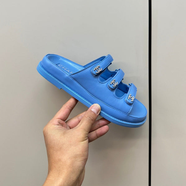 dad sandals dodger blue triple strap lambskin mules