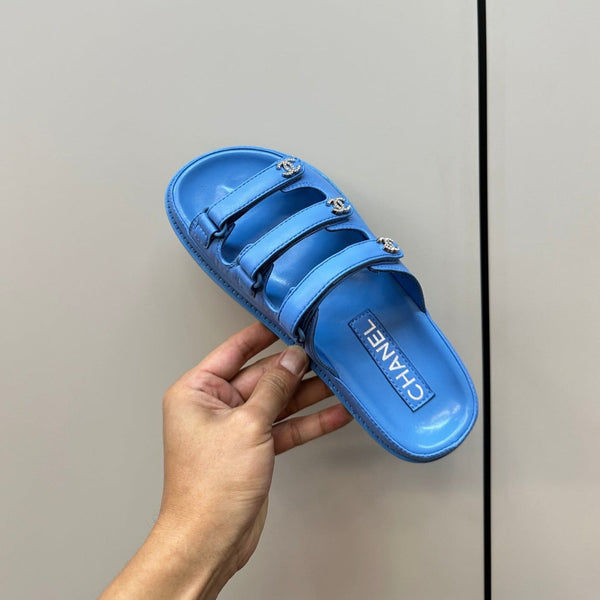 dad sandals dodger blue triple strap lambskin mules