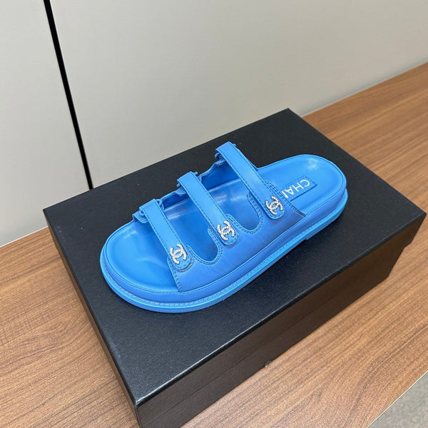 dad sandals dodger blue triple strap lambskin mules