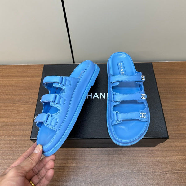 dad sandals dodger blue triple strap lambskin mules