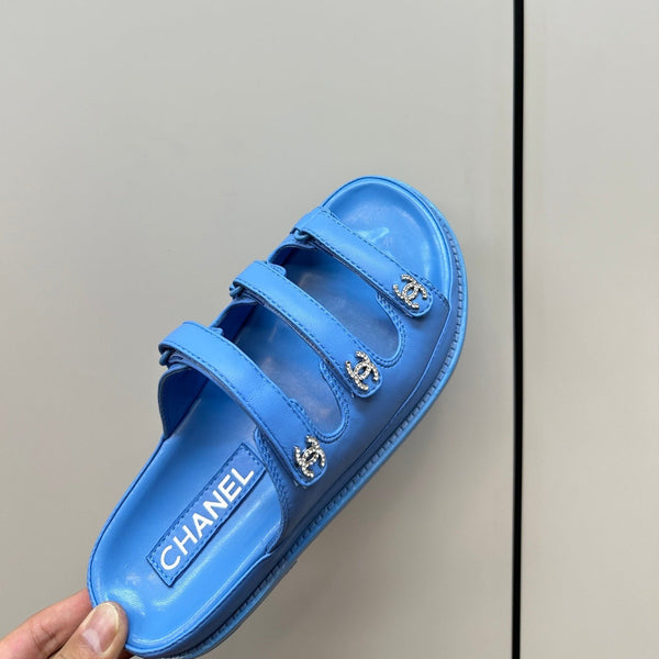 dad sandals dodger blue triple strap lambskin mules