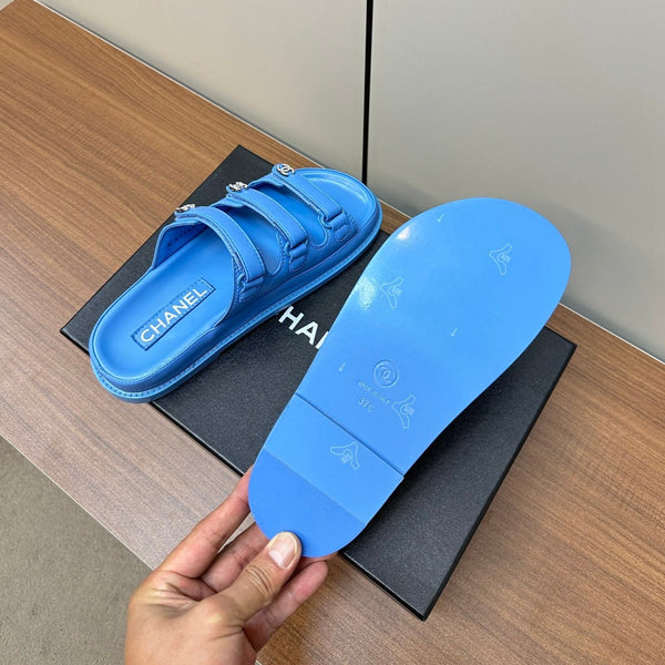 dad sandals dodger blue triple strap lambskin mules