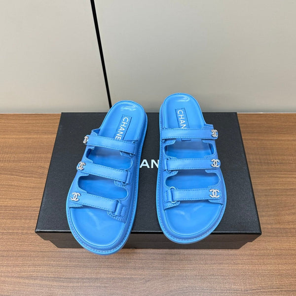 dad sandals dodger blue triple strap lambskin mules