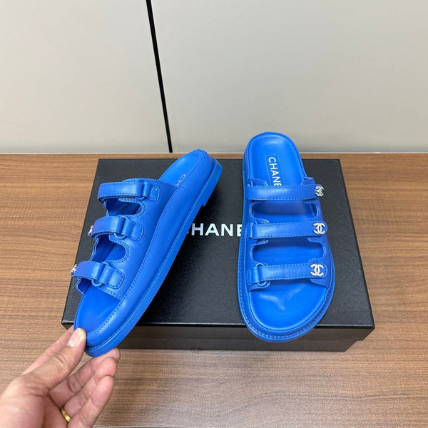 dad sandals blue triple strap lambskin mules