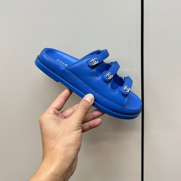 dad sandals blue triple strap lambskin mules