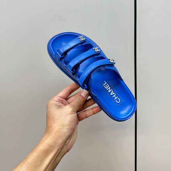 dad sandals blue triple strap lambskin mules