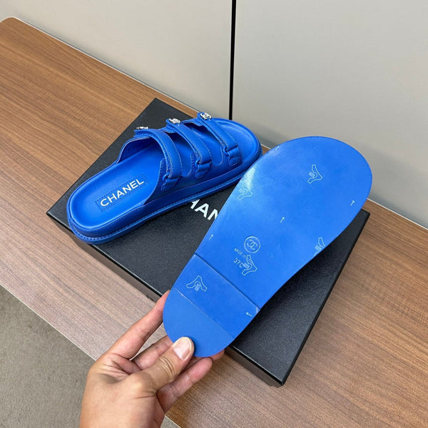 dad sandals blue triple strap lambskin mules