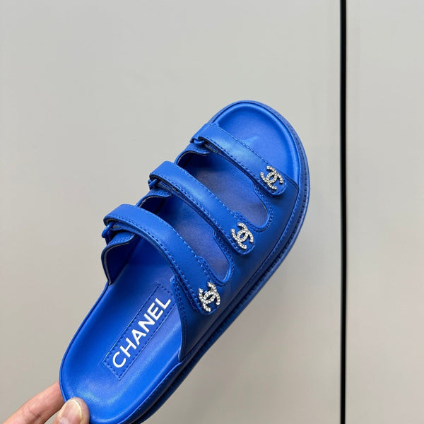 dad sandals blue triple strap lambskin mules