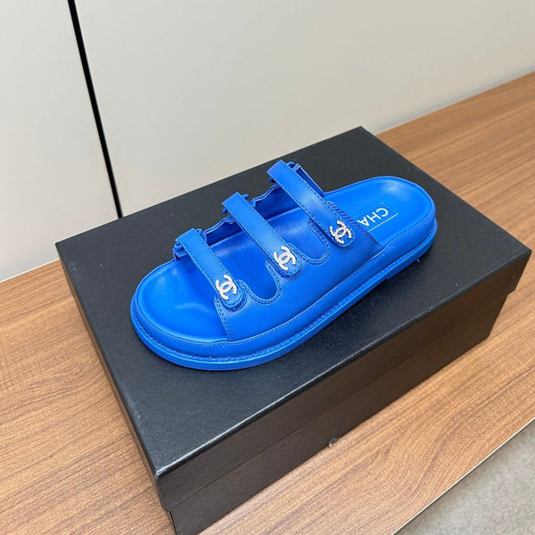 dad sandals blue triple strap lambskin mules