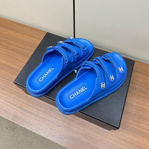 dad sandals blue triple strap lambskin mules