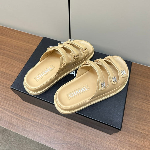 dad sandals beige triple strap lambskin mules