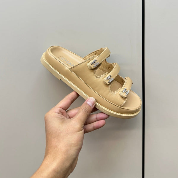 dad sandals beige triple strap lambskin mules