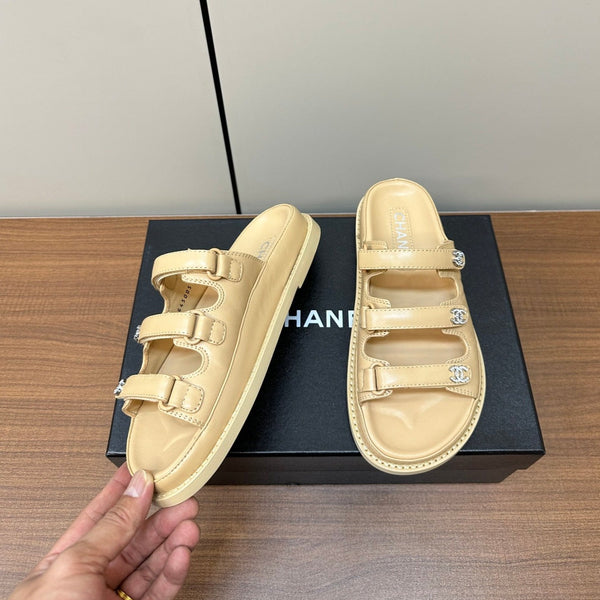 dad sandals beige triple strap lambskin mules