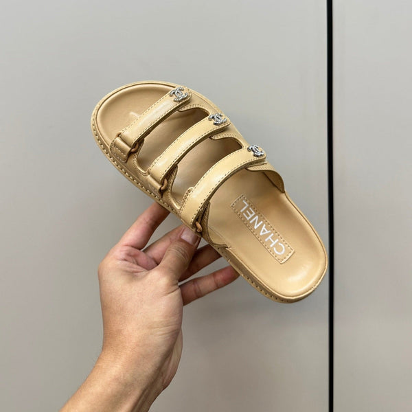 dad sandals beige triple strap lambskin mules