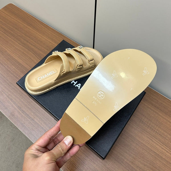 dad sandals beige triple strap lambskin mules