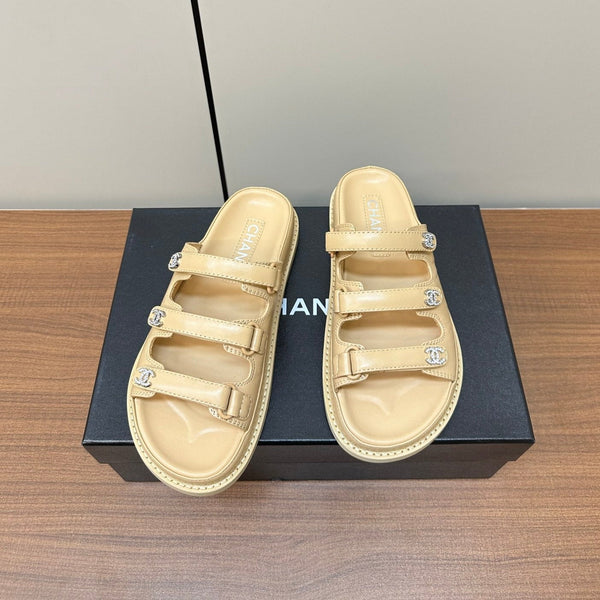 dad sandals beige triple strap lambskin mules