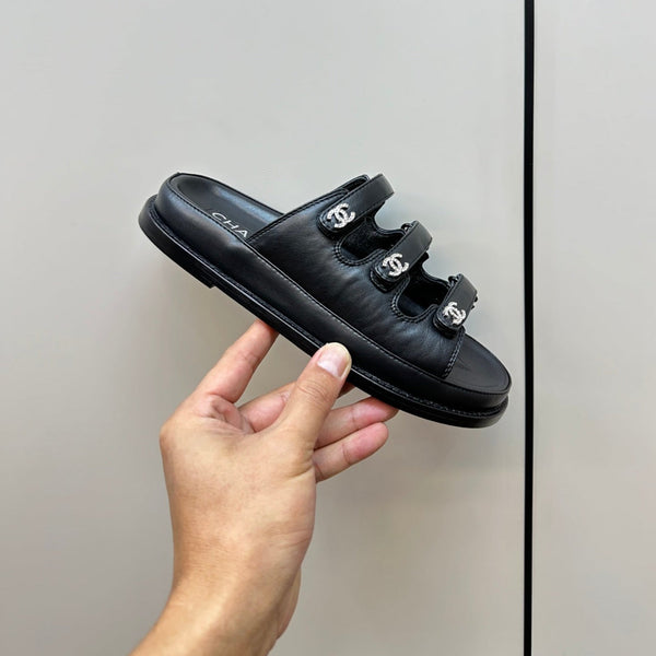 dad sandals black triple strap lambskin mules