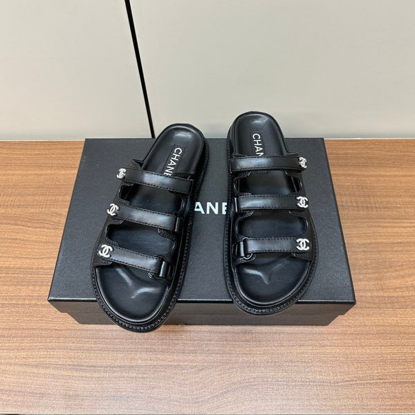 dad sandals black triple strap lambskin mules