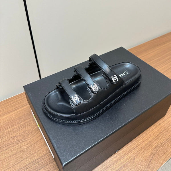 dad sandals black triple strap lambskin mules