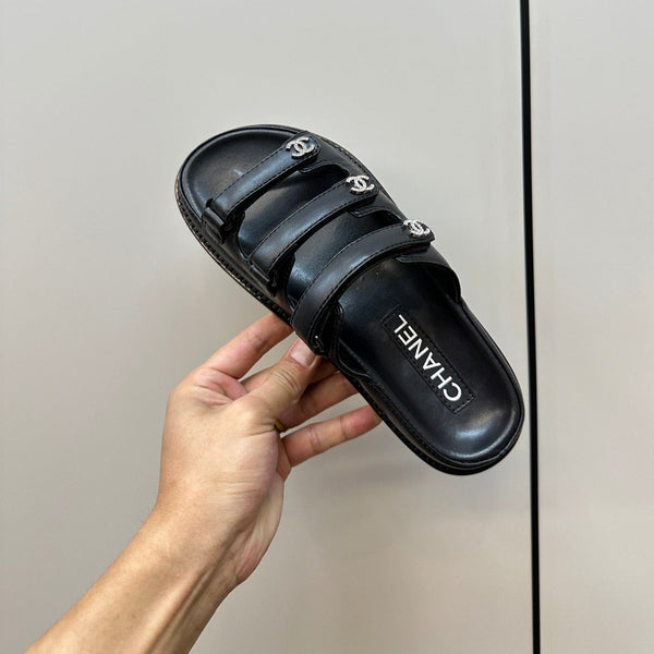 dad sandals black triple strap lambskin mules