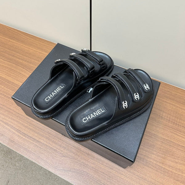 dad sandals black triple strap lambskin mules