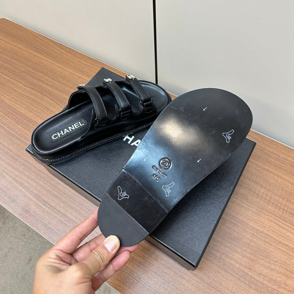 dad sandals black triple strap lambskin mules