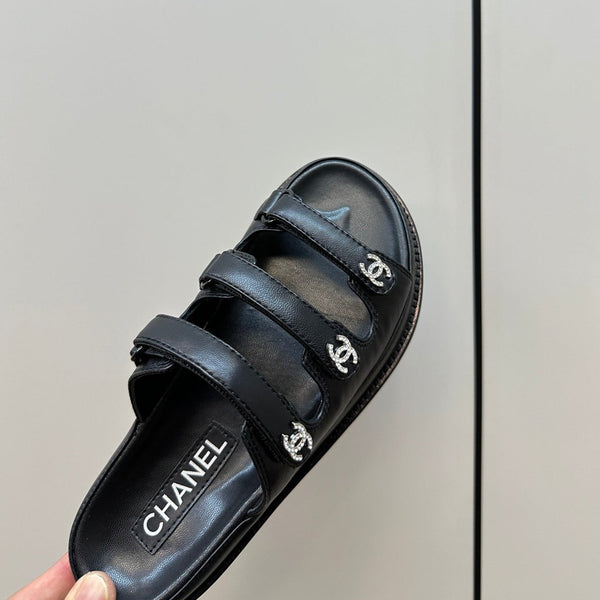 dad sandals black triple strap lambskin mules