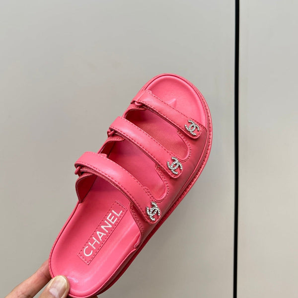 dad sandals dark pink triple strap lambskin mules