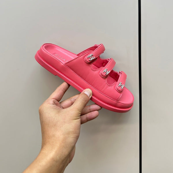 dad sandals dark pink triple strap lambskin mules