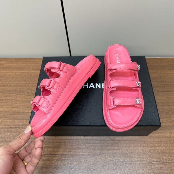 dad sandals dark pink triple strap lambskin mules