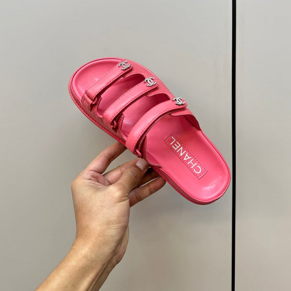 dad sandals dark pink triple strap lambskin mules