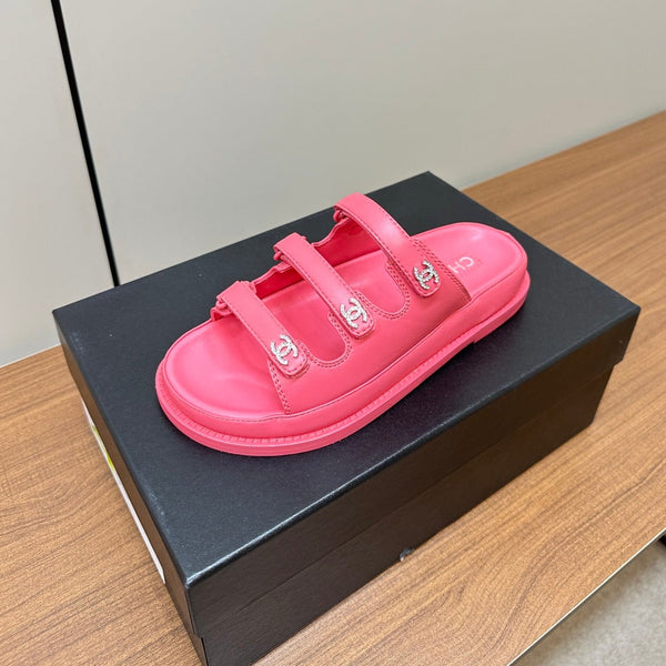 dad sandals dark pink triple strap lambskin mules