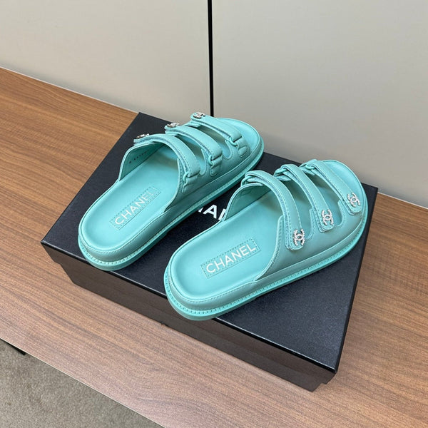 dad sandals sky blue triple strap lambskin mules