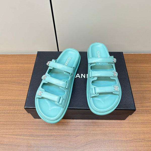 dad sandals sky blue triple strap lambskin mules