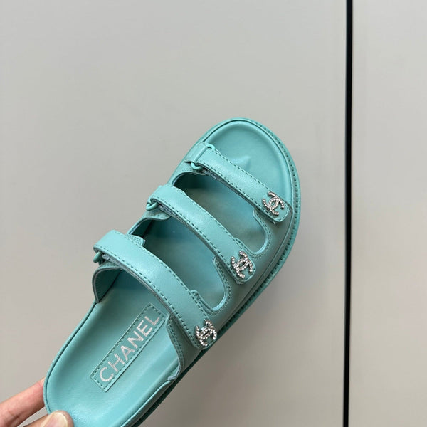 dad sandals sky blue triple strap lambskin mules