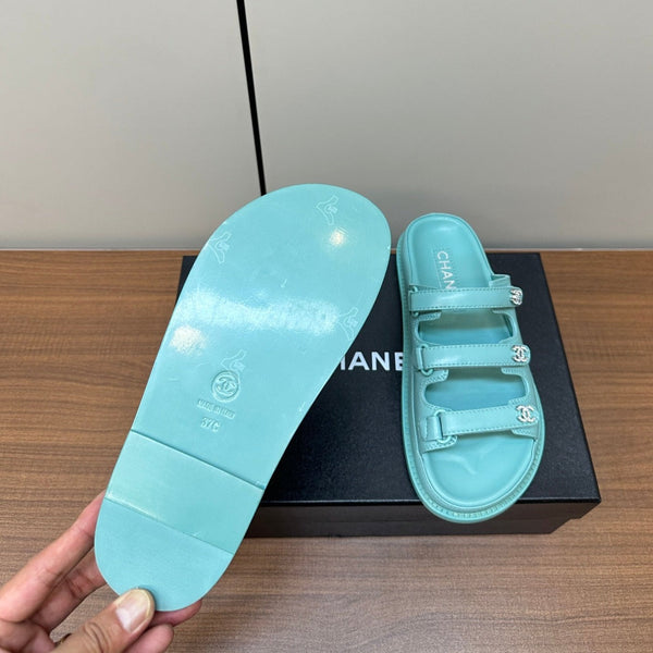 dad sandals sky blue triple strap lambskin mules