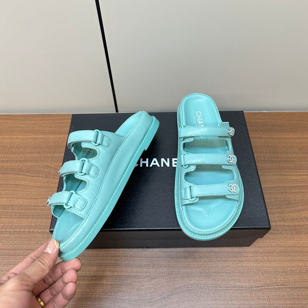 dad sandals sky blue triple strap lambskin mules