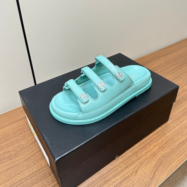 dad sandals sky blue triple strap lambskin mules