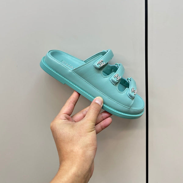 dad sandals sky blue triple strap lambskin mules