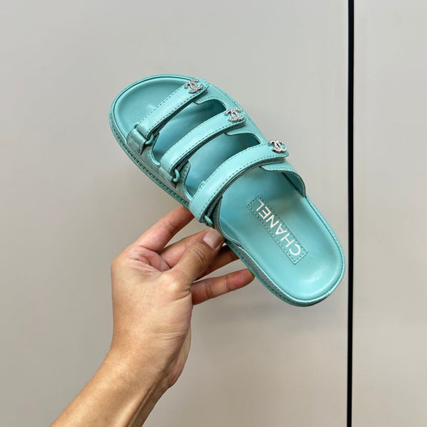 dad sandals sky blue triple strap lambskin mules