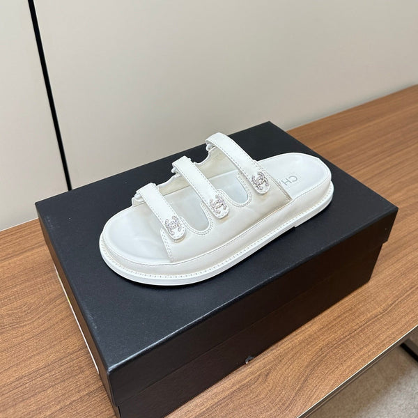 dad sandals white triple strap lambskin mules