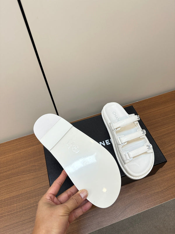 dad sandals white triple strap lambskin mules