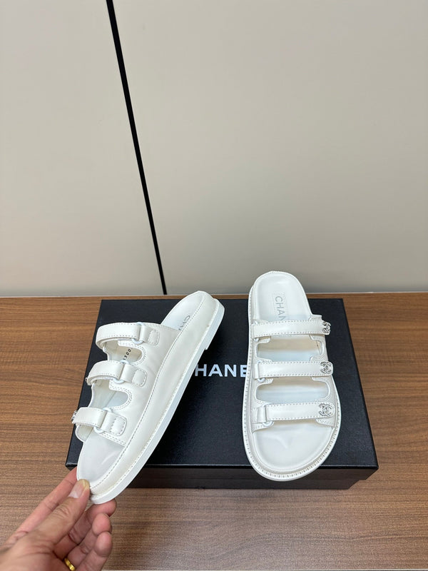 dad sandals white triple strap lambskin mules