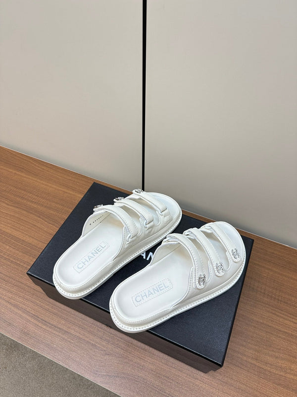 dad sandals white triple strap lambskin mules